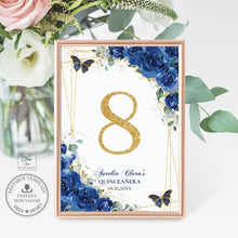 Load image into Gallery viewer, Royal Blue Floral Butterflies Gold Quinceañera Quince Birthday Sweet 16 Table Number Sign Editable Template Printable, INSTANT Download, QC16
