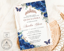 Load image into Gallery viewer, Royal Blue Floral Butterflies Rose Gold Quinceañera Invitation EDITABLE TEMPLATE, Mis Quince 15 Sweet 16 Birthday Instant Download Printable, QC16

