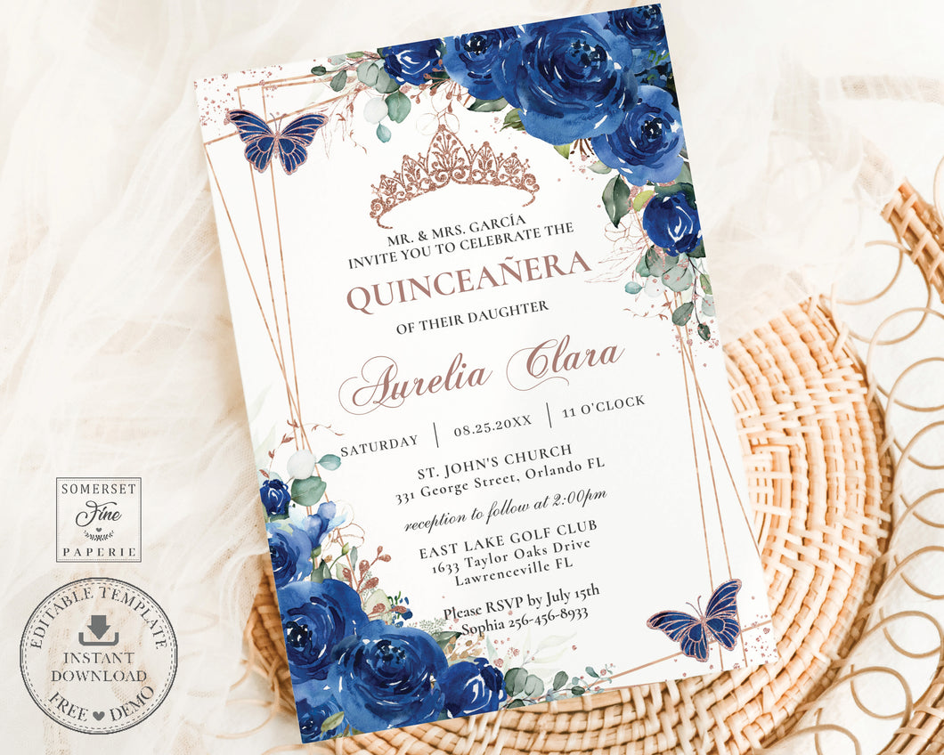 Royal Blue Floral Butterflies Rose Gold Quinceañera Invitation EDITABLE TEMPLATE, Mis Quince 15 Sweet 16 Birthday Instant Download Printable, QC16
