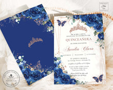 Load image into Gallery viewer, Royal Blue Floral Butterflies Rose Gold Quinceañera Invitation EDITABLE TEMPLATE, Mis Quince 15 Sweet 16 Birthday Instant Download Printable, QC16
