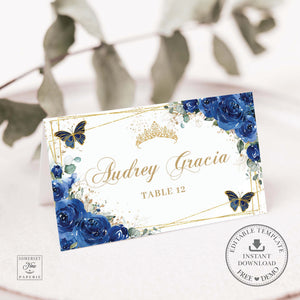 Royal Blue Floral Butterflies Gold Quinceañera Quince Birthday Sweet 16 Place Card Editable Template Printable, INSTANT Download, QC16
