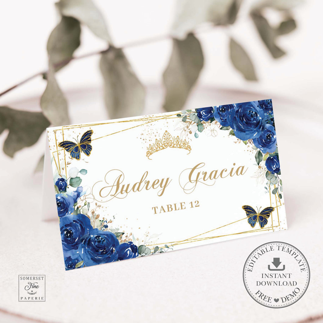 Royal Blue Floral Butterflies Gold Quinceañera Quince Birthday Sweet 16 Place Card Editable Template Printable, INSTANT Download, QC16