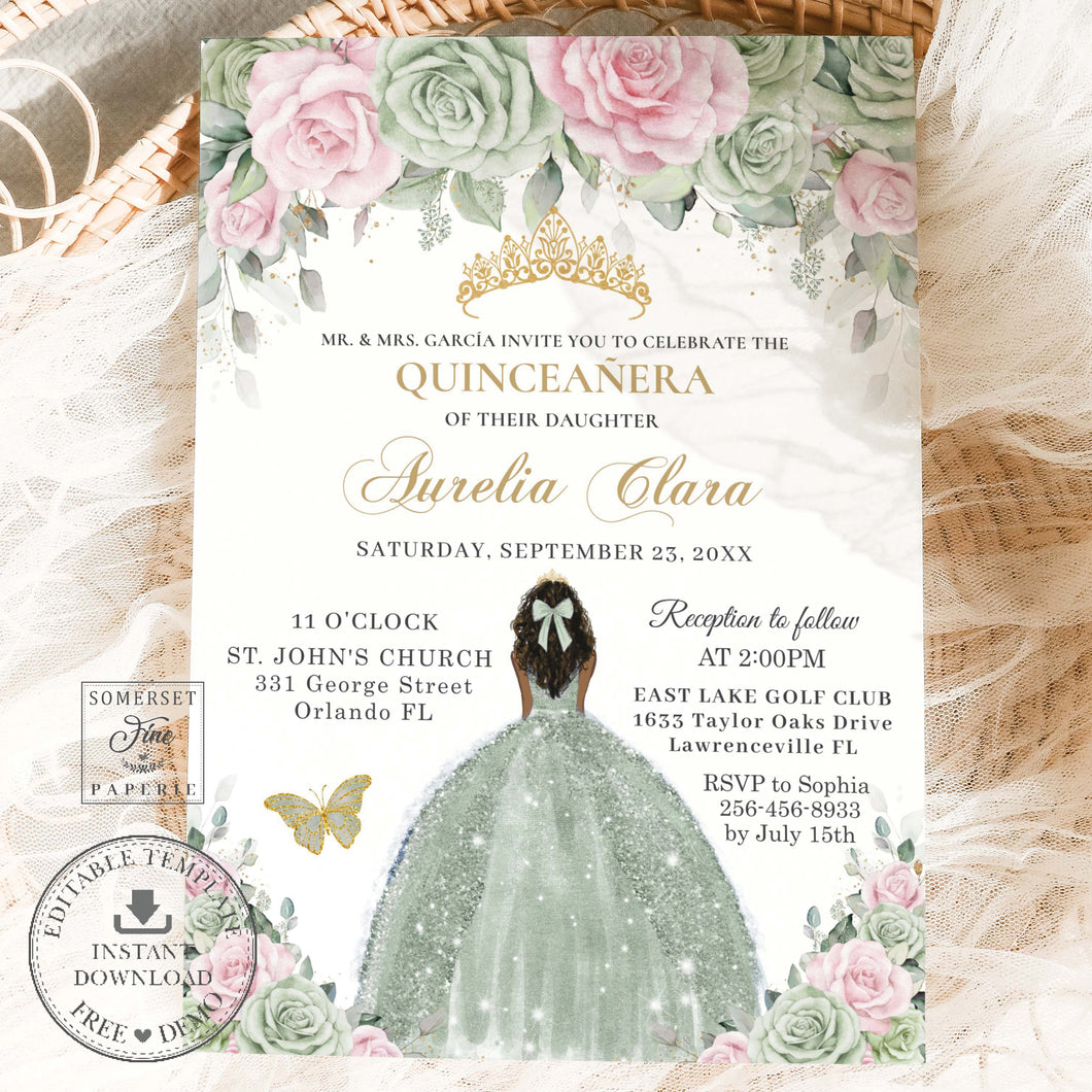 Sage Green Pink Floral Gold Brown Princess Sweet 16 Quinceañera Birthday Invitation Editable Template - Digital Printable File - Instant Download - QC49