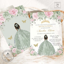 Load image into Gallery viewer, Sage Green Pink Floral Gold Brown Princess Sweet 16 Quinceañera Birthday Invitation Editable Template - Digital Printable File - Instant Download - QC49
