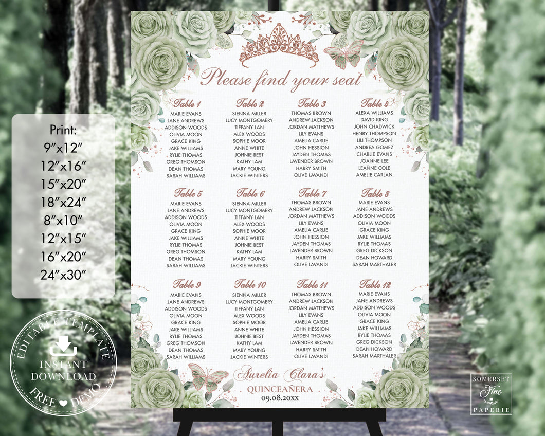 Sage Green Floral Rose Gold Quinceañera Sweet 16 Birthday Seating Chart Sign Editable Template - Digital Printable Files - Instant Download - QC43