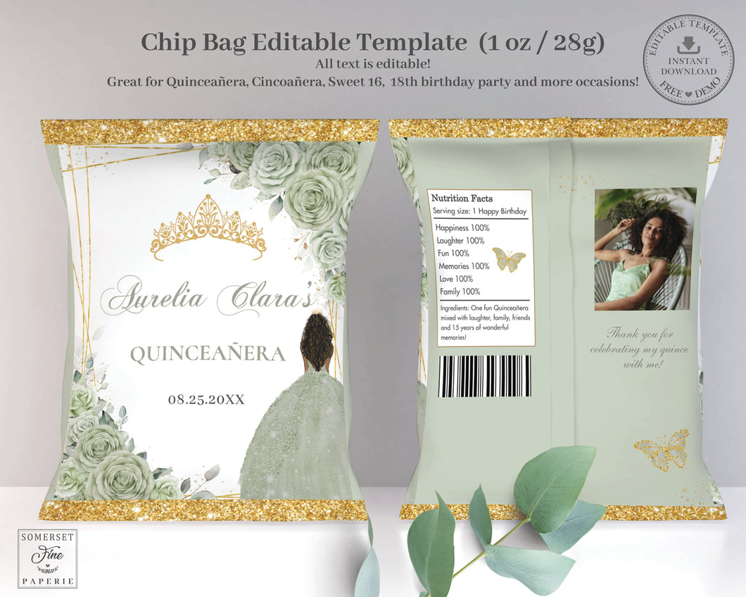 Chip Bag EDITABLE TEMPLATE Sage Green Floral Brown Princess Girl Gold Quinceañera Sweet 16 Birthday Favor Instant Download Printable QC43
