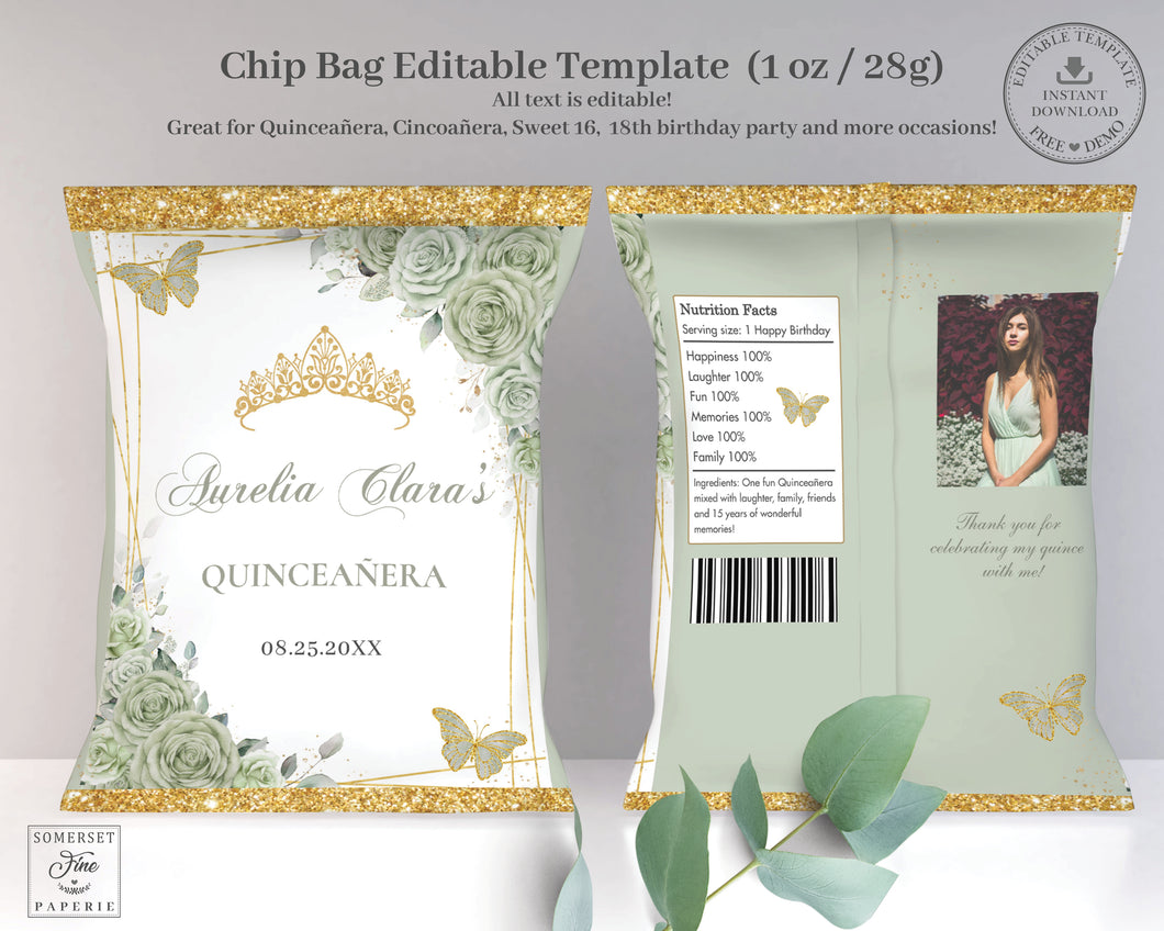 Chip Bag EDITABLE TEMPLATE Sage Green Floral Butterflies Gold Quinceañera Sweet 16 Birthday Favor Instant Download Printable QC43