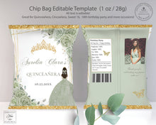Load image into Gallery viewer, Chip Bag EDITABLE TEMPLATE Sage Green Floral Brunette Princess Girl Gold Quinceañera Sweet 16 Birthday Favor Instant Download Printable QC43
