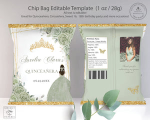Chip Bag EDITABLE TEMPLATE Sage Green Floral Brunette Princess Girl Gold Quinceañera Sweet 16 Birthday Favor Instant Download Printable QC43