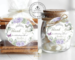 Sage Green and Purple Lilac Floral Silver Quinceanera XV Birthday 2 Inches Circle Round Label Editable Template - Digital Printable File - Instant Download - QC67