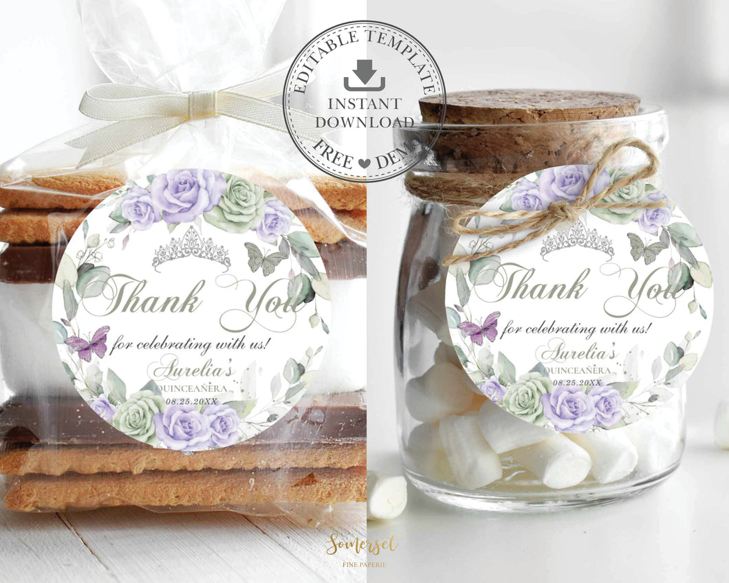Sage Green and Purple Lilac Floral Silver Quinceanera XV Birthday 2 Inches Circle Round Label Editable Template - Digital Printable File - Instant Download - QC67