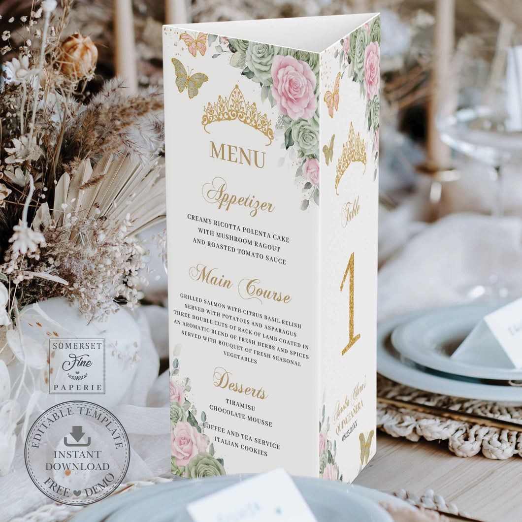 Sage Green Pink Floral Gold Quinceañera Tri-Fold Trifold Triangle Menu Table Number Printable EDITABLE TEMPLATE Quince XV 16th Birthday QC49