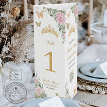 Load image into Gallery viewer, Sage Green Pink Floral Gold Quinceañera Tri-Fold Trifold Triangle Menu Table Number Printable EDITABLE TEMPLATE Quince XV 16th Birthday QC49
