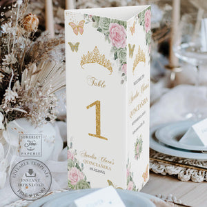 Sage Green Pink Floral Gold Quinceañera Tri-Fold Trifold Triangle Menu Table Number Printable EDITABLE TEMPLATE Quince XV 16th Birthday QC49