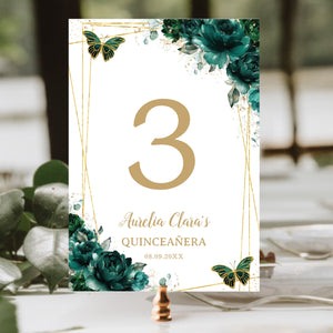 Quinceanera Emerald Green Floral Gold Butterflies Table Number