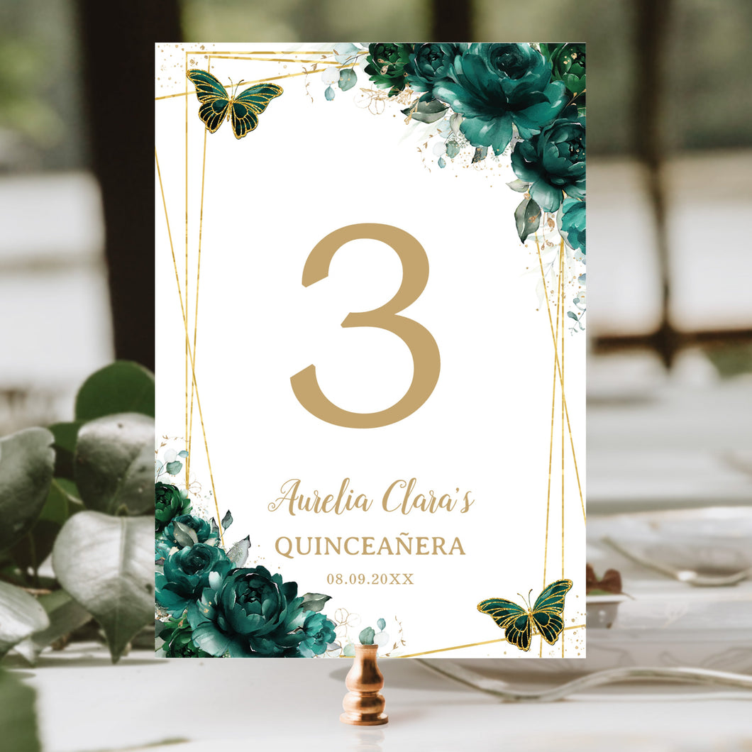 Quinceanera Emerald Green Floral Gold Butterflies Table Number