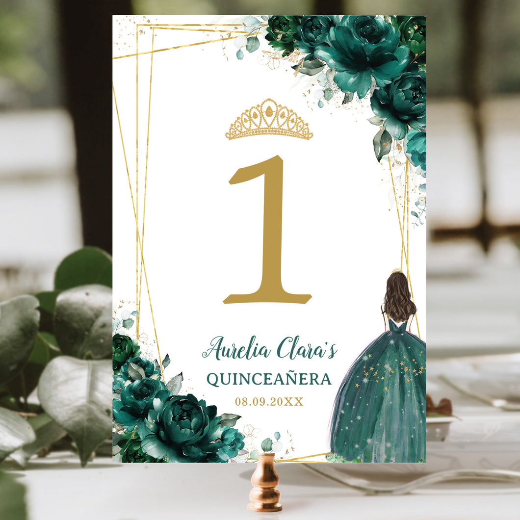 Quinceanera Emerald Green Floral Princess Girl in Ball Gown Table Number Card