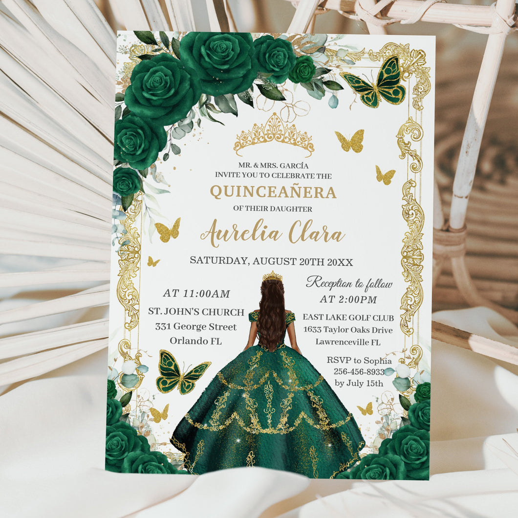 zazzle-emerald-green-roses-floral-flowers-vintage-gold-princess-Quinceanera-quinceanera-15th-sweet-16-birthday-party-invitation-cards-digital-file