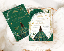 Load image into Gallery viewer, zazzle-emerald-green-roses-floral-flowers-vintage-gold-princess-Quinceanera-quinceanera-15th-sweet-16-birthday-party-invitation-cards-digital1
