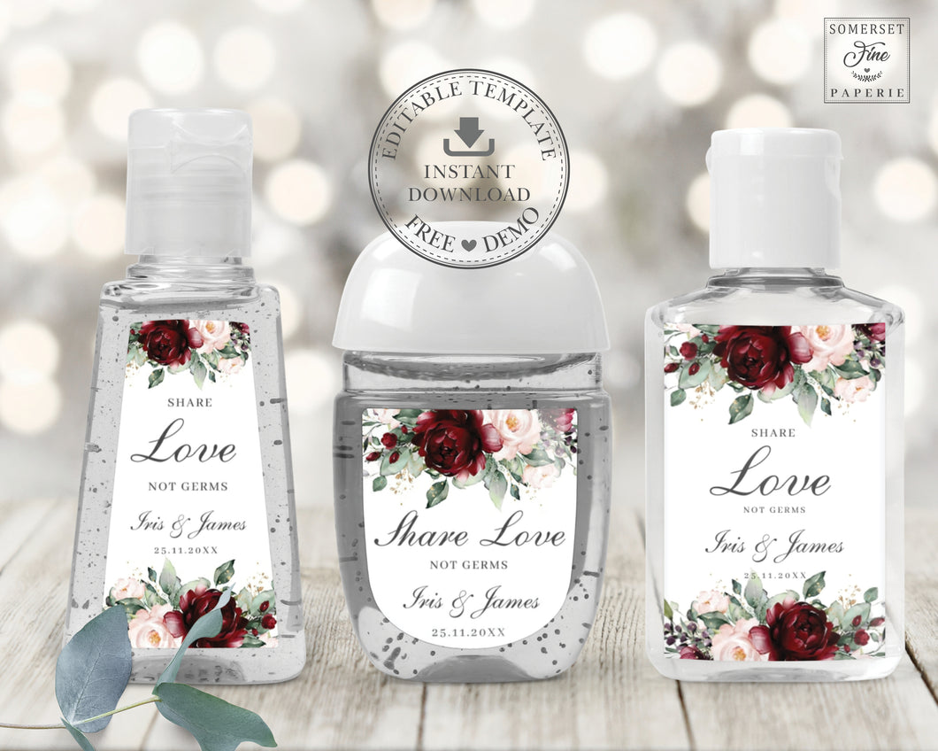 Rustic Burgundy Blush Floral Hand Sanitizer Labels, EDITABLE TEMPLATE, – Lollipop Party Supplies and Design Studio rustic-burgundy-blush-floral-hand-sanitizer-labels-editable-template-lollipop-party-supplies-and-design-studio