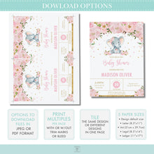 Load image into Gallery viewer, Chic Whimsical Elephant Blush Peach Floral Baby Shower Invitation EDITABLE TEMPLATE - Digital Printable File - Instant Download - EP3
