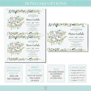 Blush Floral Greenery Mommy and Baby Koala Australian Animals Girl Baby Shower Invitation - Editable Template - Digital Printable File - Instant Download - AU1