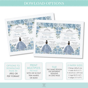 Chic Baby Blue Roses Floral Folded Thank You Card EDITABLE TEMPLATE Quinceañera Princess Tiara Butterflies Sweet 16th Birthday QC18