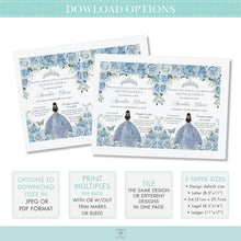 Load image into Gallery viewer, Sweet Sixteen 16th Birthday Silver Modern Geometric Baby Blue Floral Butterflies Crown Tiara Invitation EDITABLE TEMPLATE Digital Printable File QC18
