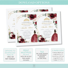Load image into Gallery viewer, Burgundy Blush Floral Quinceañera Invitation Mis Quince 15 Anos Birthday Invite Diy Editable Template, Digital Printable File, QC1
