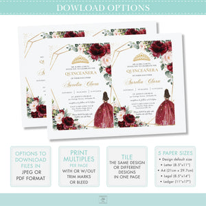 Burgundy Blush Floral Quinceañera Invitation Mis Quince 15 Anos Birthday Invite Diy Editable Template, Digital Printable File, QC1