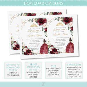 Burgundy Blush Floral Quinceañera Seating Chart, EDITABLE TEMPLATE, Digital Printable File, Instant Download, QC1