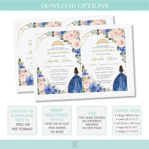 Princess Tiara Blue Blush Pink Floral Quinceanera 15th Birthday Invitation Editable Template - Digital Printable File - Instant Download - QC2
