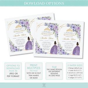Purple Lilac Pale Pink Silver Quinceañera XV Birthday Slim Program Order of Events Padrinos Editable Template Digital Instant Download QC58