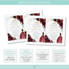Load image into Gallery viewer, Rich Burgundy Roses Floral Gold Dress Quinceañera Invitation INSTANT DOWNLOAD, Mis Quince 15 Anos Birthday Editable Template Printable, QC23
