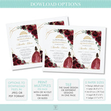 Load image into Gallery viewer, Red White Roses Floral Gold Quinceañera Invitation Printable EDITABLE TEMPLATE Mis Quince 15 Años Charro Dress Princess Horses Birthday QC19

