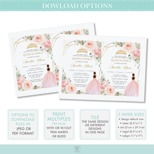 Blush Pink Floral Quinceañera Invitation EDITABLE TEMPLATE, Mis Quince 15 Anos Birthday Sweet 16 Princess Invite DIY Printable INSTANT DOWNLOAD, QC7