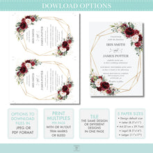 Load image into Gallery viewer, Chic Burgundy Blush Pink Floral Place Card - Wedding Editable Template - Instant Download - RB1
