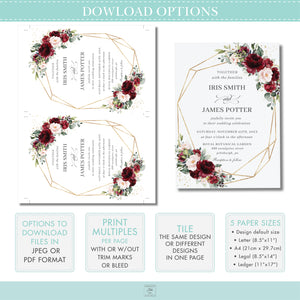 Chic Burgundy Blush Pink Floral Place Card - Wedding Editable Template - Instant Download - RB1