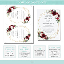 Load image into Gallery viewer, Chic Burgundy Blush Pink Floral Roses Wedding Invitation - Editable Template - Digital Printable File - Instant Download - RB1
