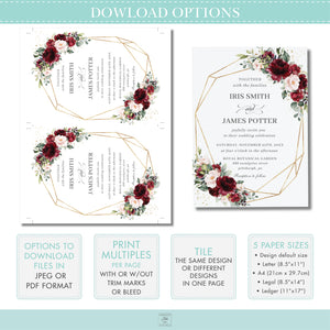 Chic Burgundy Blush Pink Floral Roses Wedding Invitation - Editable Template - Digital Printable File - Instant Download - RB1