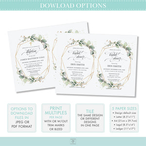Elegant Rustic Greenery Geometric Baptism Christening Invitation Editable Template - Instant Download Digital Printable File - GR1