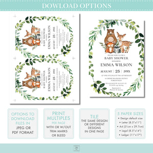 Rustic Greenery Woodland Animals Birthday Baby Shower Water Bottle Labels - Editable Template - Instant Download - Digital Printable File - Wl1