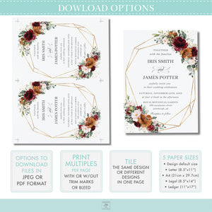 Burgundy Burnt Orange Blush Floral Wedding Welcome Sign Editable Template - Digital Printable File - Instant Download - RB3