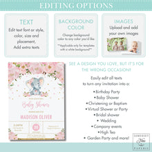 Load image into Gallery viewer, Chic Whimsical Elephant Blush Peach Floral Baby Shower Invitation EDITABLE TEMPLATE - Digital Printable File - Instant Download - EP3
