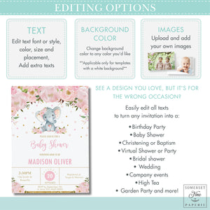 Chic Whimsical Elephant Blush Peach Floral Baby Shower Invitation EDITABLE TEMPLATE - Digital Printable File - Instant Download - EP3