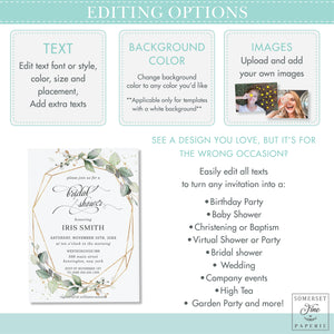 Elegant Rustic Greenery Geometric Baptism Christening Invitation Editable Template - Instant Download Digital Printable File - GR1