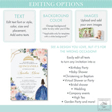 Load image into Gallery viewer, Princess Tiara Blue Blush Pink Floral Quinceanera 15th Birthday Invitation Editable Template - Digital Printable File - Instant Download - QC2
