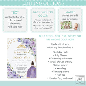 Princess Tiara Purple Lilac Lavender Floral Quinceanera 15th Birthday Invitation Editable Template - Digital Printable File - Instant Download - QC3