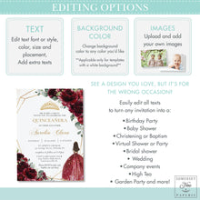 Load image into Gallery viewer, Red White Roses Floral Gold Quinceañera Invitation Printable EDITABLE TEMPLATE Mis Quince 15 Años Charro Dress Princess Horses Birthday QC19
