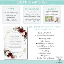 Load image into Gallery viewer, Chic Burgundy Blush Pink Floral Place Card - Wedding Editable Template - Instant Download - RB1
